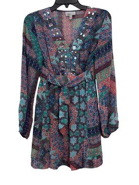 Linea Domani Embellished Boho Print Long Sleeve Mini Dress Womens Size S
